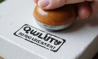 Image of a quality control stamp on a product package, indicating approval and high standards.