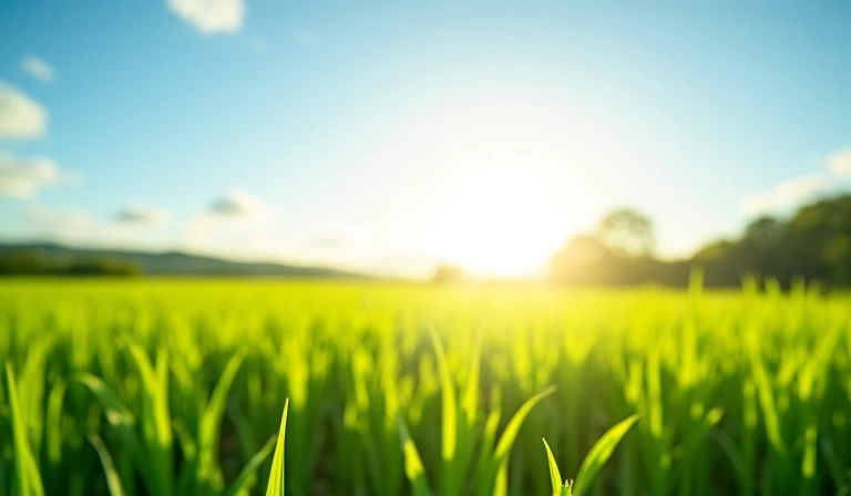 Image showing a lush green field under a clear sky, symbolizing natural ingredients and purity.