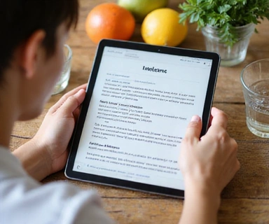 A person reading a blog on a tablet, surrounded by healthy lifestyle elements.
